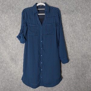 Express Women Dress XS‎ Button Shirt Long Roll Tab Sleeve Blue Preppy Collared